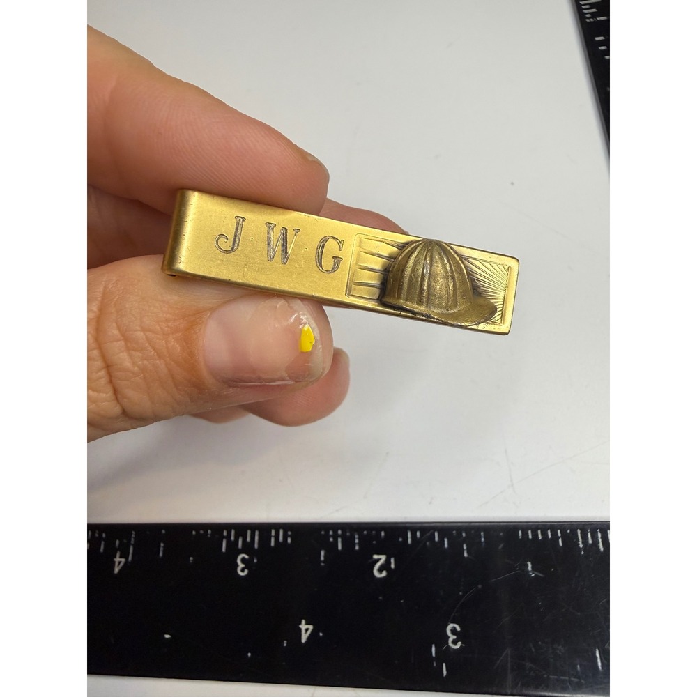 Vintage Gold Tone Hard Hat Construction Tie Clip Engraved JWG Initials Accessory